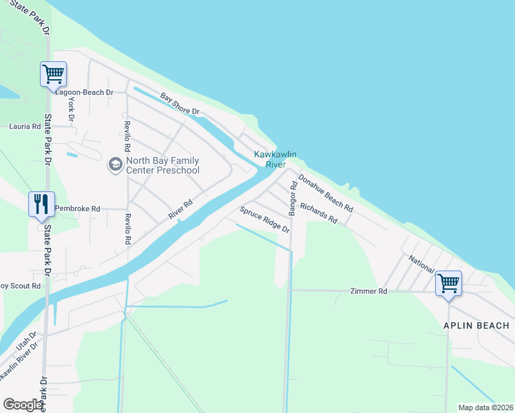 map of restaurants, bars, coffee shops, grocery stores, and more near 49 Pine Ridge Drive in Bay City