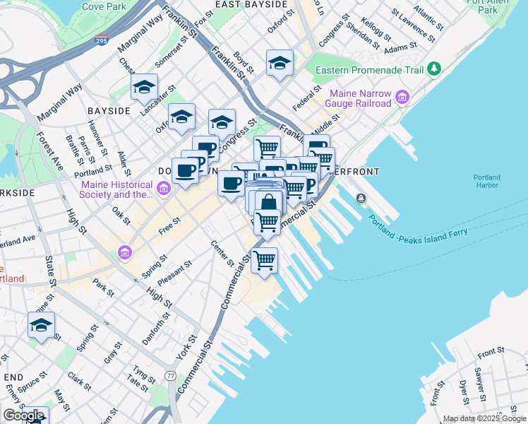 map of restaurants, bars, coffee shops, grocery stores, and more near 422 1/2 Fore Street in Portland