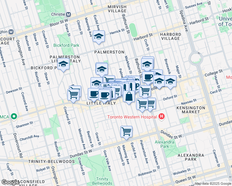 map of restaurants, bars, coffee shops, grocery stores, and more near in Toronto