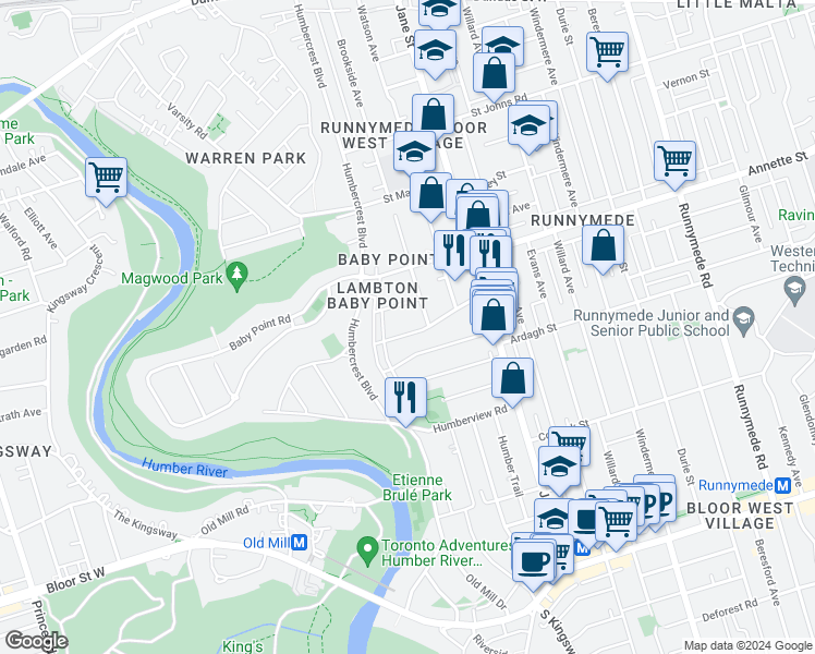 map of restaurants, bars, coffee shops, grocery stores, and more near 62 Raymond Avenue in Toronto
