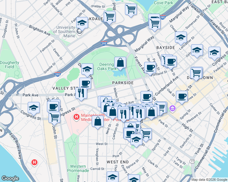 map of restaurants, bars, coffee shops, grocery stores, and more near 90 Mellen Street in Portland