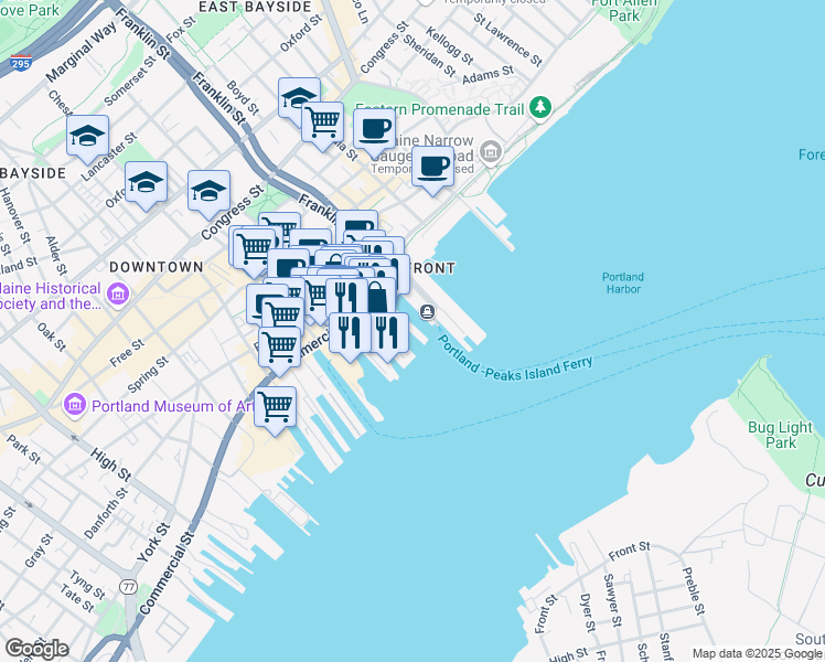 map of restaurants, bars, coffee shops, grocery stores, and more near 46 Custom House Wharf in Portland