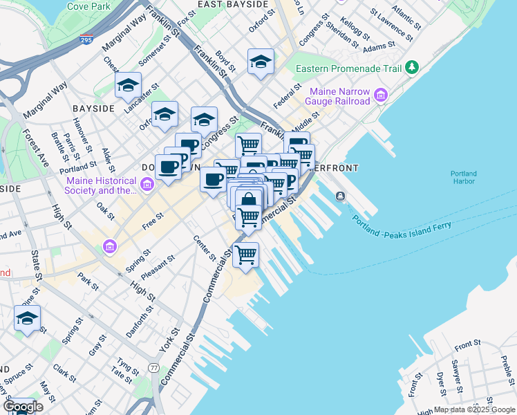 map of restaurants, bars, coffee shops, grocery stores, and more near 422 1/2 Fore Street in Portland
