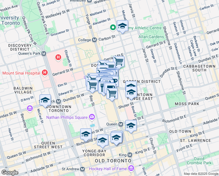 map of restaurants, bars, coffee shops, grocery stores, and more near 323 Yonge Street in Toronto