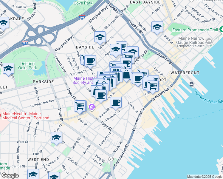map of restaurants, bars, coffee shops, grocery stores, and more near 84 Free Street in Portland