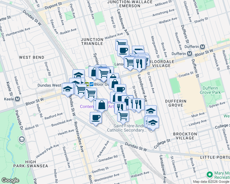 map of restaurants, bars, coffee shops, grocery stores, and more near 227 Sterling Road in Toronto
