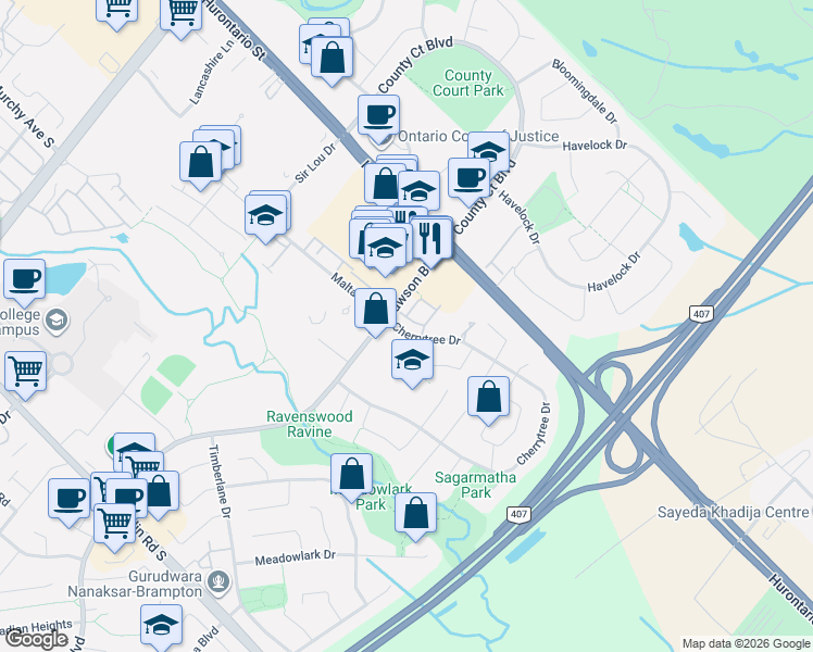 map of restaurants, bars, coffee shops, grocery stores, and more near 10 Cherrytree Drive in Brampton