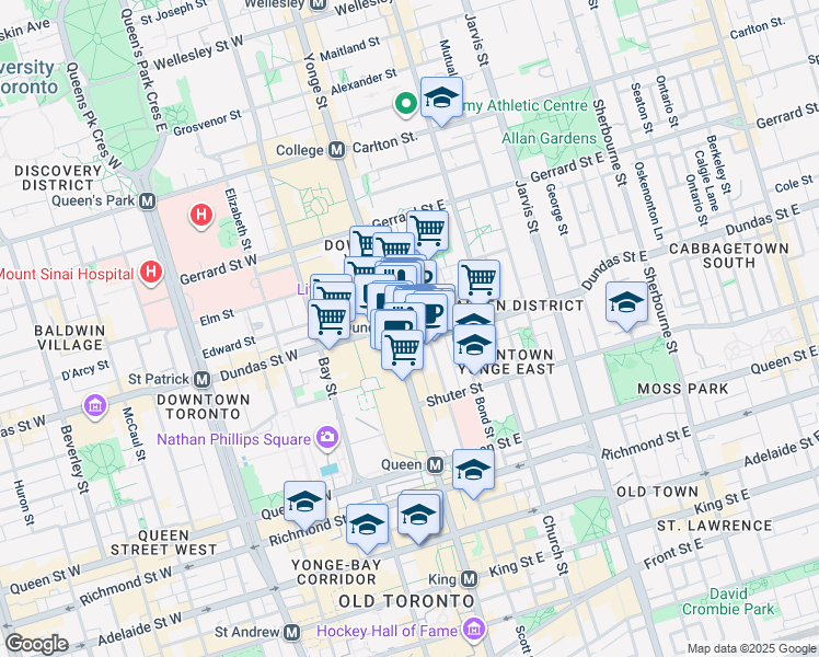 map of restaurants, bars, coffee shops, grocery stores, and more near 1 Dundas Street East in Toronto