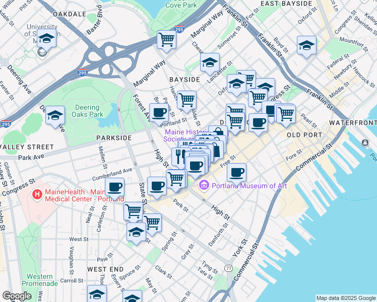 map of restaurants, bars, coffee shops, grocery stores, and more near 104 Oak Street in Portland