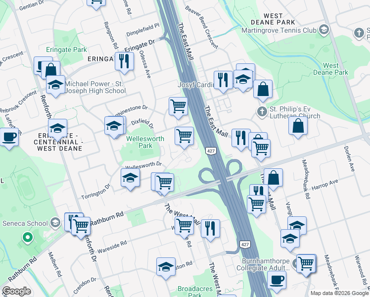 map of restaurants, bars, coffee shops, grocery stores, and more near 716 The West Mall in Toronto