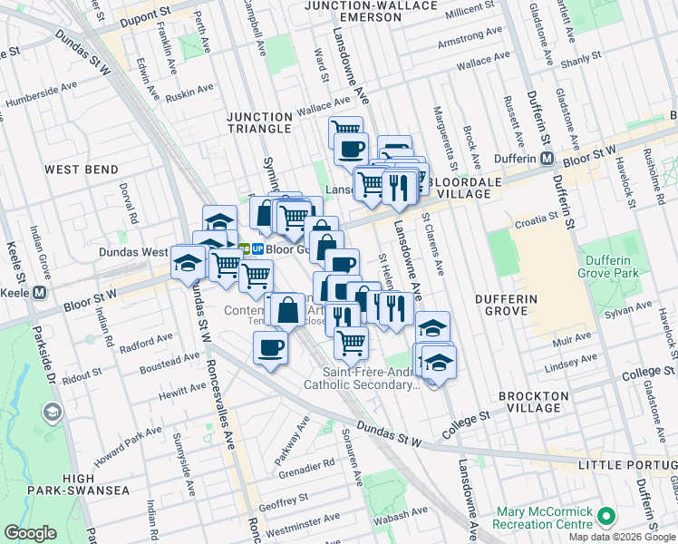 map of restaurants, bars, coffee shops, grocery stores, and more near 30 Merchant Lane in Toronto