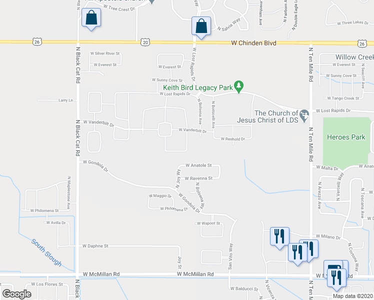 map of restaurants, bars, coffee shops, grocery stores, and more near 3399 West Ladle Rapids Street in Meridian