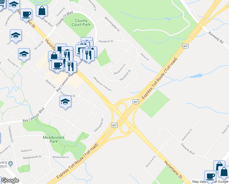 map of restaurants, bars, coffee shops, grocery stores, and more near 16 Merganser Crescent in Brampton