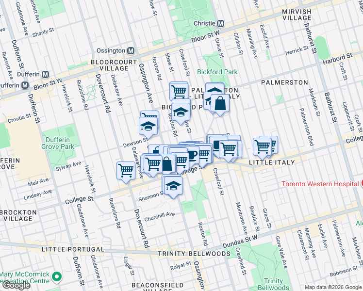 map of restaurants, bars, coffee shops, grocery stores, and more near in Toronto