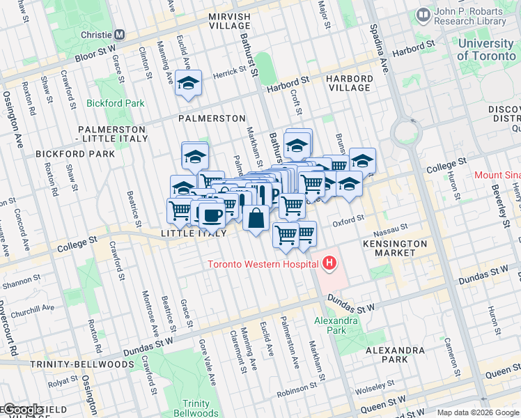 map of restaurants, bars, coffee shops, grocery stores, and more near 492 College Street in Toronto