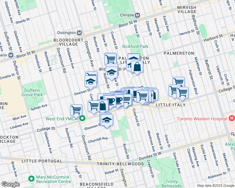 map of restaurants, bars, coffee shops, grocery stores, and more near 486 Shaw Street in Toronto