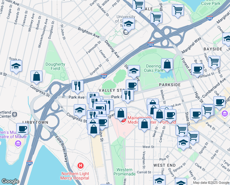 map of restaurants, bars, coffee shops, grocery stores, and more near 239 Park Avenue in Portland