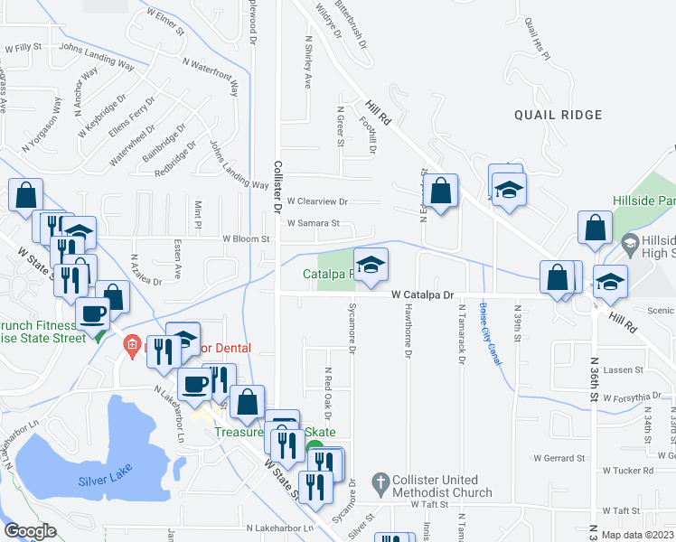 map of restaurants, bars, coffee shops, grocery stores, and more near 4516 West Catalpa Drive in Boise