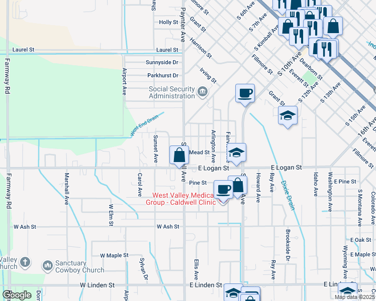 map of restaurants, bars, coffee shops, grocery stores, and more near 1604 South Kimball Avenue in Caldwell