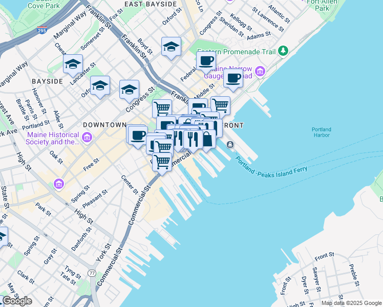 map of restaurants, bars, coffee shops, grocery stores, and more near 12 Portland Pier in Portland
