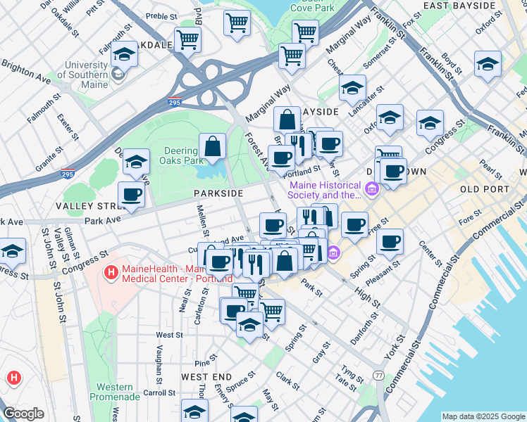 map of restaurants, bars, coffee shops, grocery stores, and more near 31 Sherman Street in Portland