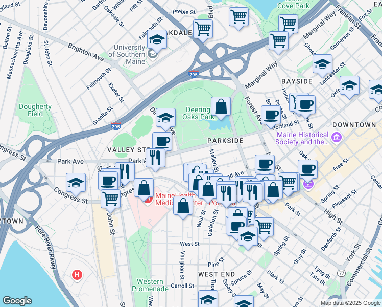 map of restaurants, bars, coffee shops, grocery stores, and more near 121 Grant Street in Portland
