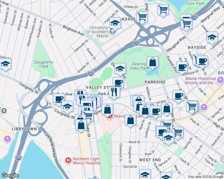 map of restaurants, bars, coffee shops, grocery stores, and more near 239 Park Avenue in Portland