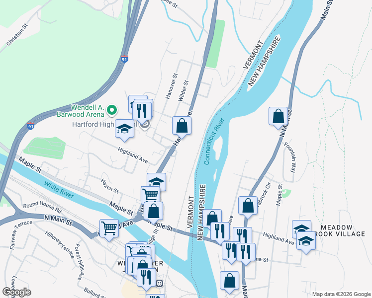 map of restaurants, bars, coffee shops, grocery stores, and more near 803 Hartford Avenue in Hartford