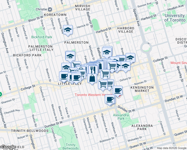 map of restaurants, bars, coffee shops, grocery stores, and more near in Toronto
