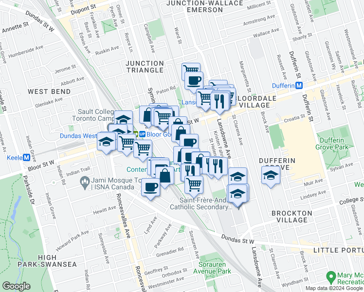 map of restaurants, bars, coffee shops, grocery stores, and more near 225 Sterling Road in Toronto