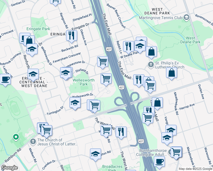 map of restaurants, bars, coffee shops, grocery stores, and more near in Toronto
