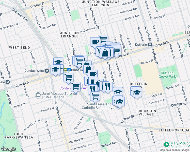 map of restaurants, bars, coffee shops, grocery stores, and more near 50 Merchant Lane in Toronto