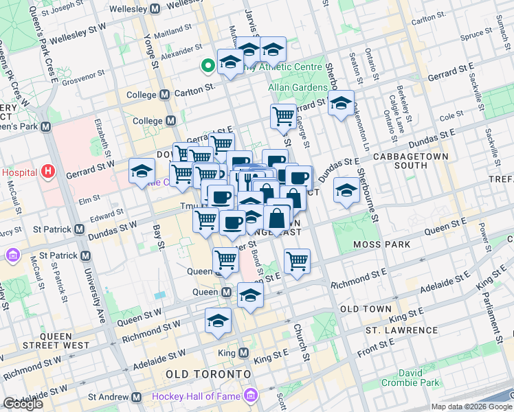 map of restaurants, bars, coffee shops, grocery stores, and more near 252 Church Street in Toronto