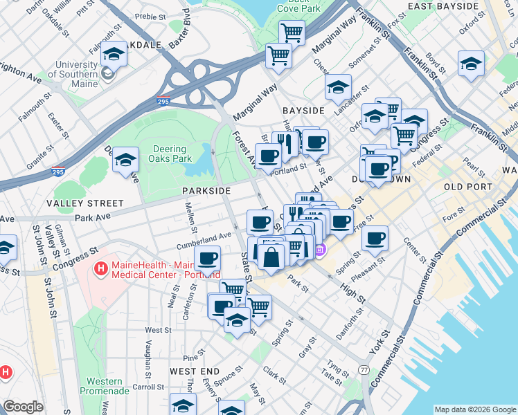map of restaurants, bars, coffee shops, grocery stores, and more near 3 Sherman Street in Portland