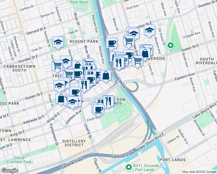map of restaurants, bars, coffee shops, grocery stores, and more near 32 Trolley Crescent in Toronto
