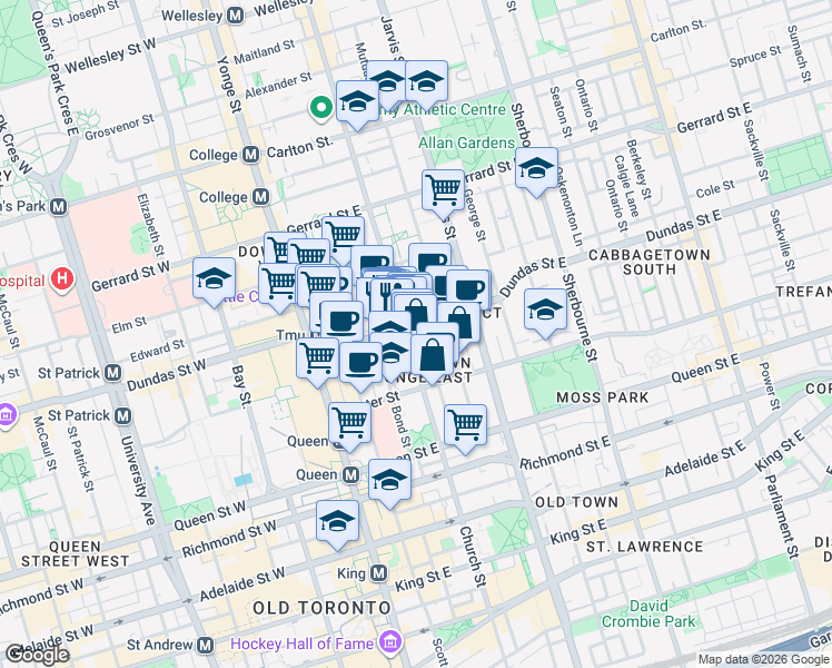 map of restaurants, bars, coffee shops, grocery stores, and more near 100 Dalhousie Street in Toronto