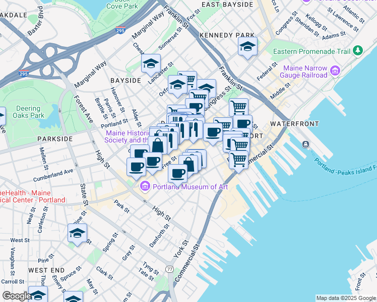 map of restaurants, bars, coffee shops, grocery stores, and more near 48 Free Street in Portland