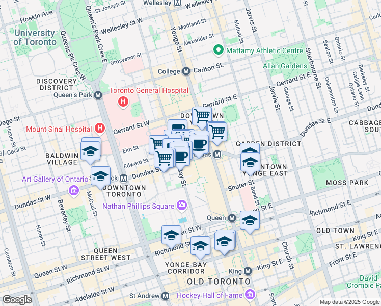 map of restaurants, bars, coffee shops, grocery stores, and more near in Toronto