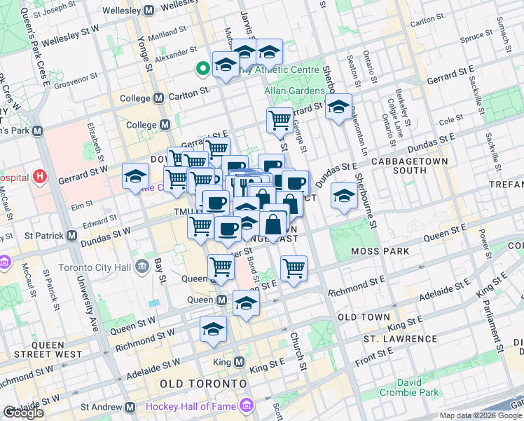 map of restaurants, bars, coffee shops, grocery stores, and more near 197 Church Street in Toronto