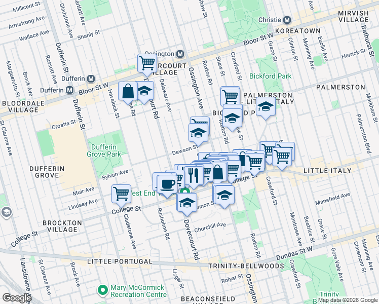 map of restaurants, bars, coffee shops, grocery stores, and more near 49 Dewson Street in Toronto