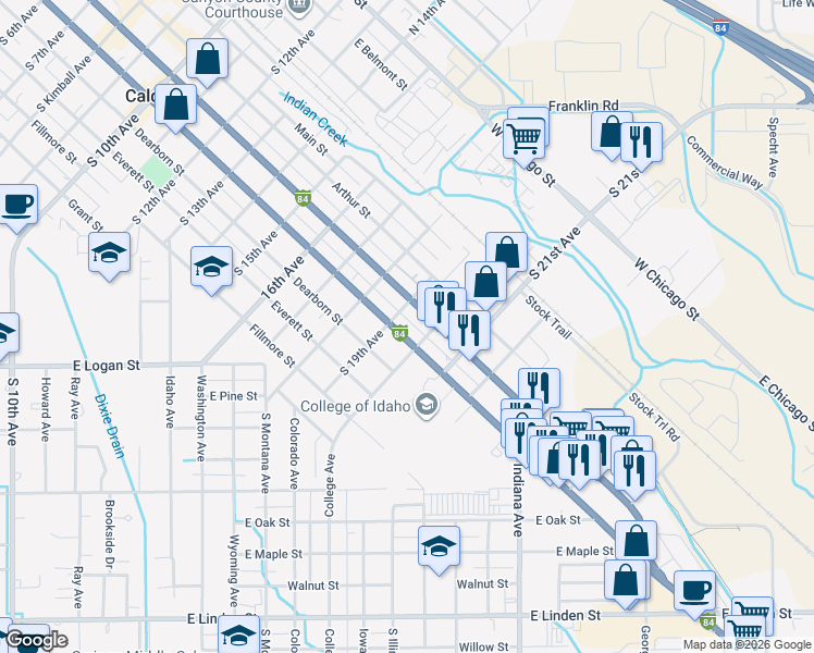 map of restaurants, bars, coffee shops, grocery stores, and more near 1919 Interstate 84 Business Loop in Caldwell