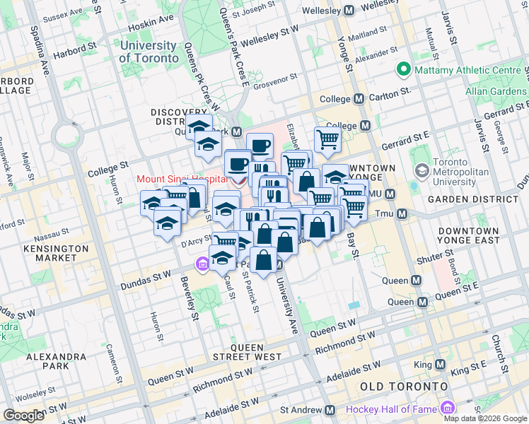map of restaurants, bars, coffee shops, grocery stores, and more near 525 University Avenue in Toronto