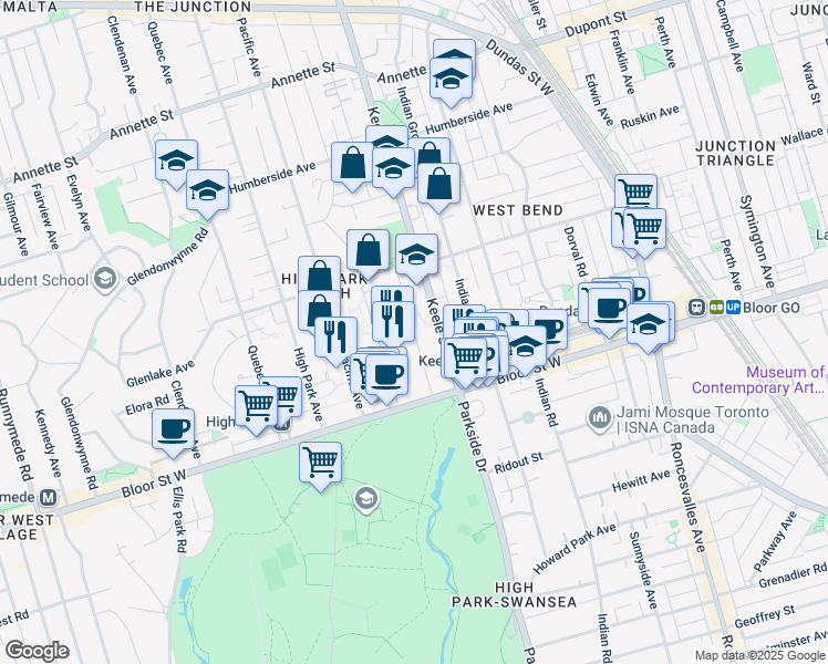 map of restaurants, bars, coffee shops, grocery stores, and more near Mountview Avenue in Toronto
