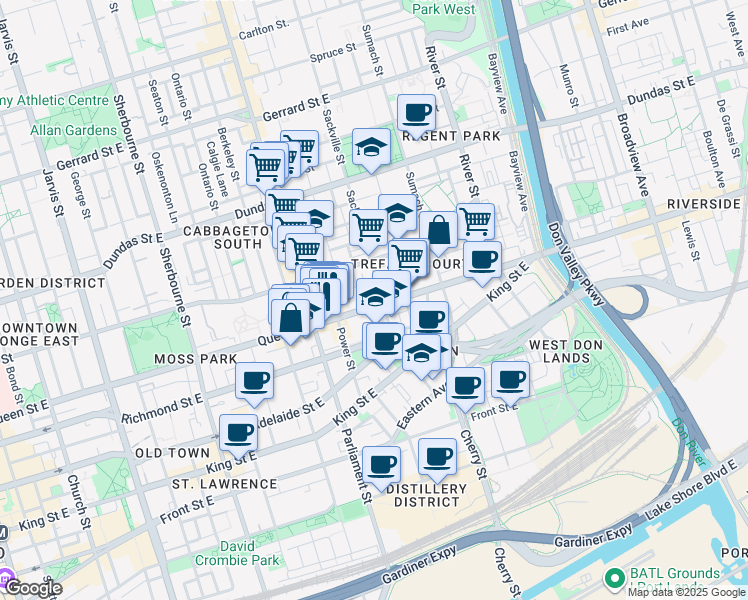 map of restaurants, bars, coffee shops, grocery stores, and more near 432 Queen Street East in Toronto