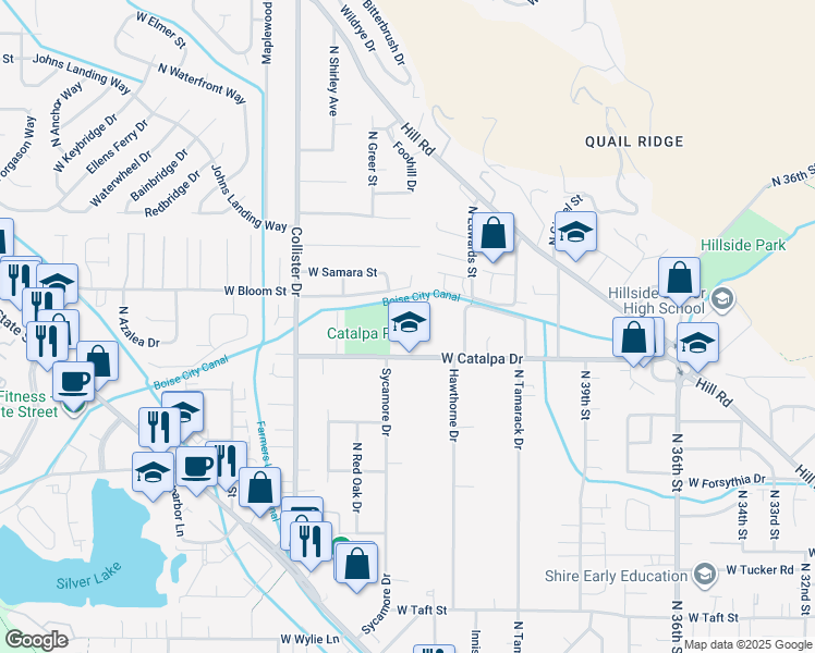 map of restaurants, bars, coffee shops, grocery stores, and more near 4426 Catalpa Drive in Boise