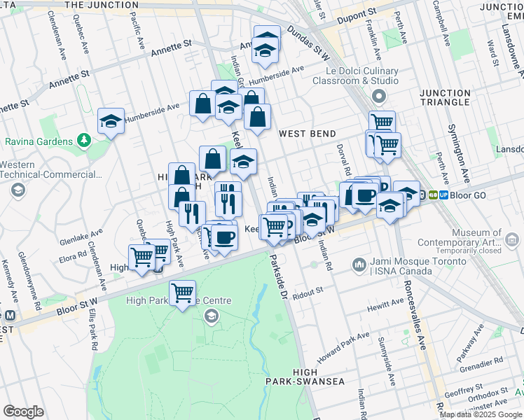 map of restaurants, bars, coffee shops, grocery stores, and more near 65 Keele Street in Toronto