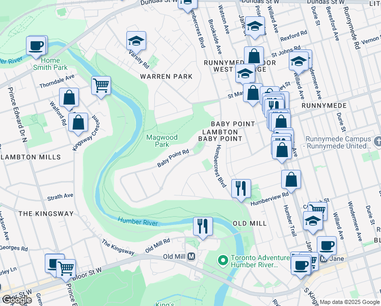 map of restaurants, bars, coffee shops, grocery stores, and more near 71 Baby Point Road in Toronto