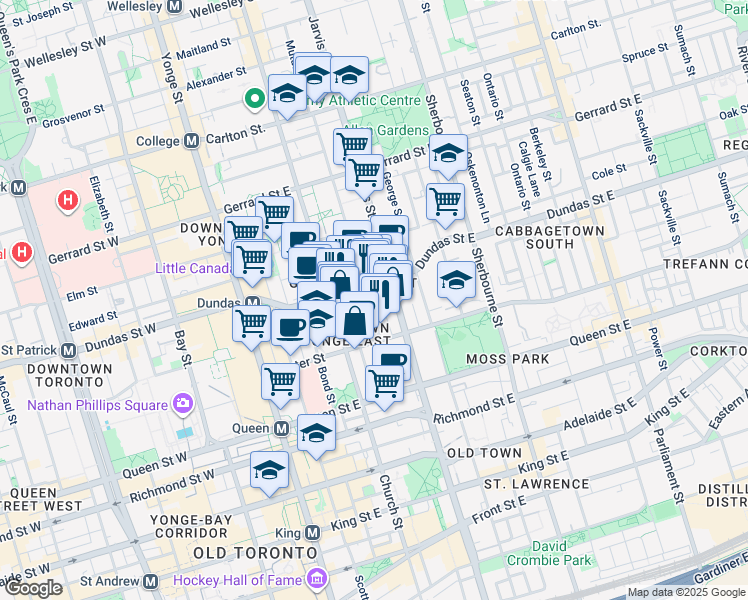 map of restaurants, bars, coffee shops, grocery stores, and more near 81 Mutual Street in Toronto