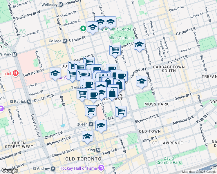 map of restaurants, bars, coffee shops, grocery stores, and more near in Toronto