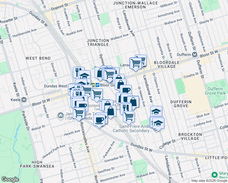 map of restaurants, bars, coffee shops, grocery stores, and more near in Toronto